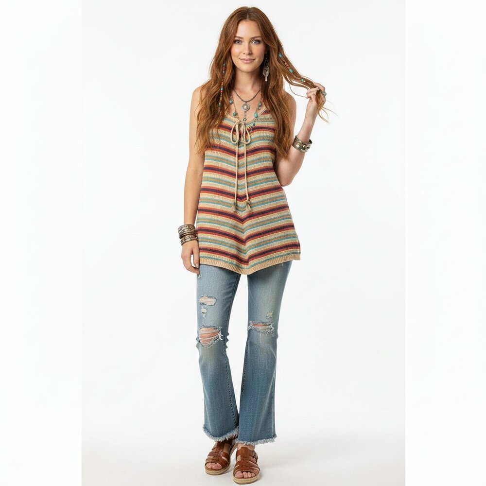 Heart N Crush Womens Tank Top Size Small Multicolor Striped Crochet Boho Feather